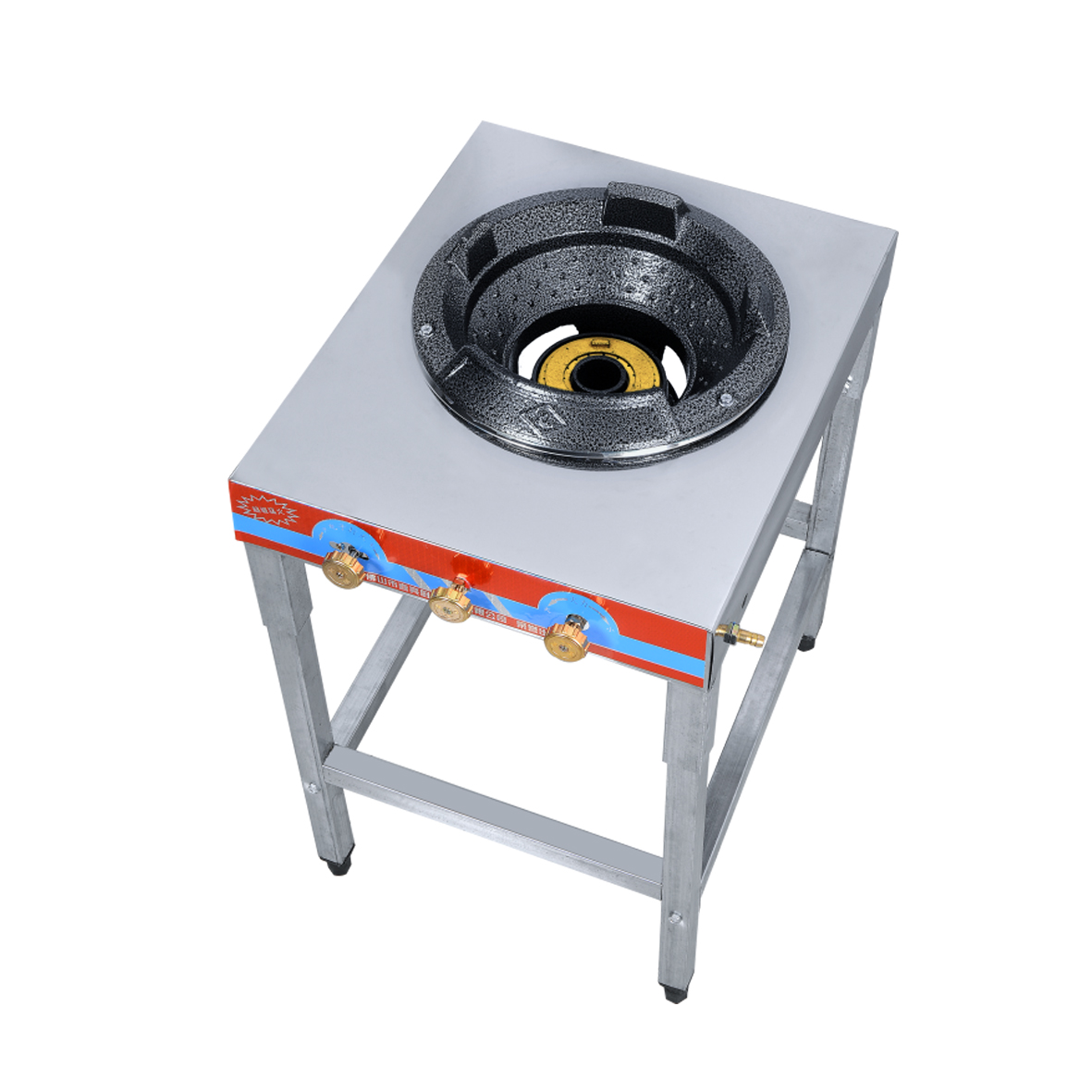 Commercial high pressure gas stove configuration in a professional kitchen
